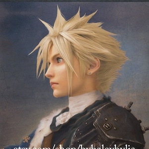 May include: A classical-style portrait of a person with spiky blonde hair, wearing armour and a fur-lined cloak. The image has a blue background. The text "etsy.com/shop/byhaleyhylia" is visible at the bottom.