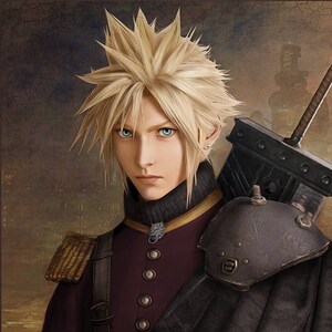 May include: Digital art print featuring a character with spiky blonde hair and blue eyes, dressed in a burgundy military jacket with gold epaulettes and a black cape. A large sword is on the shoulder. The Etsy shop URL is visible.