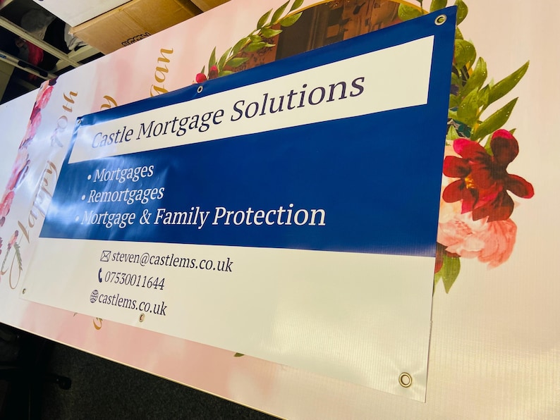 May include: A white banner with blue text that reads "Castle Mortgage Solutions". The banner lists services including mortgages, remortgages, and mortgage and family protection. Contact information is also included: steven@castlems.co.uk, 07530011644, and castlems.co.uk.