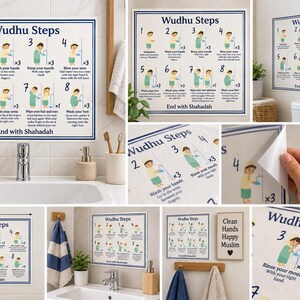 Op de afbeelding: Een rechthoekige instructieve muursticker getiteld Wudhu Steps, met acht genummerde illustraties van een persoon die de wassing uitvoert. Het witte bord met blauwe randen en tekst meet 30 cm bij 20 cm en is waterbestendig en zelfklevend.