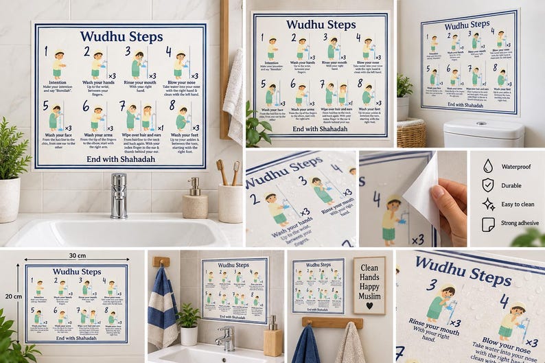 Op de afbeelding: Een rechthoekige instructieve muursticker getiteld Wudhu Steps, met acht genummerde illustraties van een persoon die de wassing uitvoert. Het witte bord met blauwe randen en tekst meet 30 cm bij 20 cm en is waterbestendig en zelfklevend.