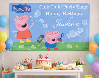 Custom Peppa Pig Birthday Name Banner | Personalised Kids Birthday Backdrop | Waterproof PVC Indoor Outdoor Party Decoration