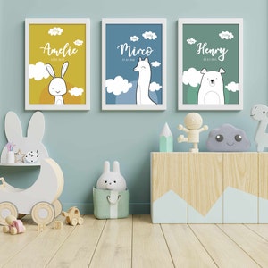 Geburtsposter 3er Set - Geschwister * personalisiert * Drillinge * Wunschname * Kinderzimmer - Hase Bär Lama * Poster