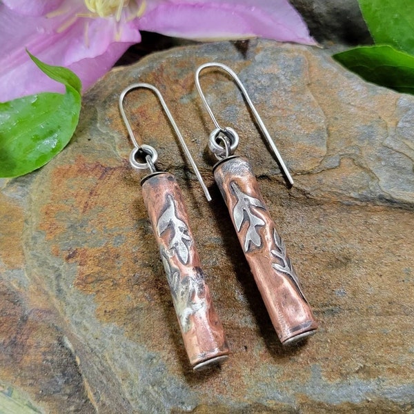 Silver Leaf and Copper Earrings - botanical barrel beads, handmade, artisan, western, rustic, hammered, worn, lightweight, beautiful gift