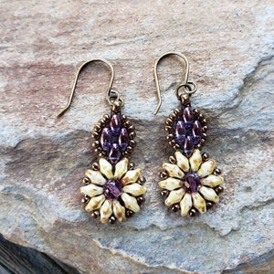 Purple Sunflower Earrings - handmade, sewn, glass bead, round bottom, daisy, yellow, picasso beads, gift, purple leaf, bronze seed beads