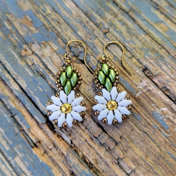 Gardenia Gold flower earrings - handmade, sewn, glass beads, flower, glossy green leaf, gold colored brass center bead, beautiful gift