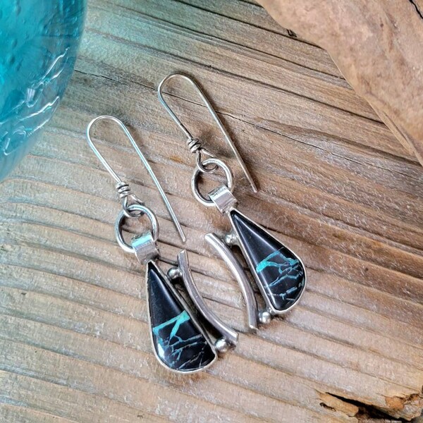 Black Buffalo Silver Dangle Earrings - natural stone, blue, black, sterling, ocean, wave,  southwestern, artisan, industrial, beautiful gift