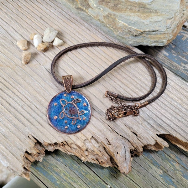 Blue Sea Turtle Necklace - Torch enamel, glass, hand cut and formed copper, aqua, turquoise, purple, brown leather, unique, pendant, gift