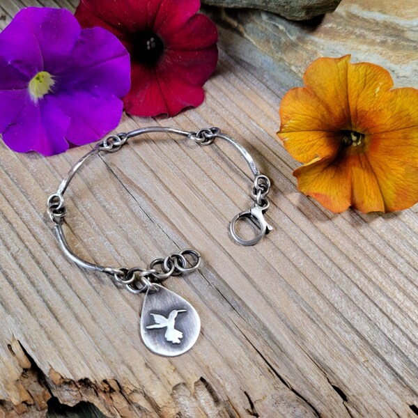 Silver Hummingbird Bracelet- link, charm, handmade, brushed matte finish, modern, lightweight, beautiful gift