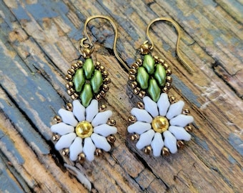 Handmade Gardenia Flower Earrings: Glass Beads, Gold Brass Center