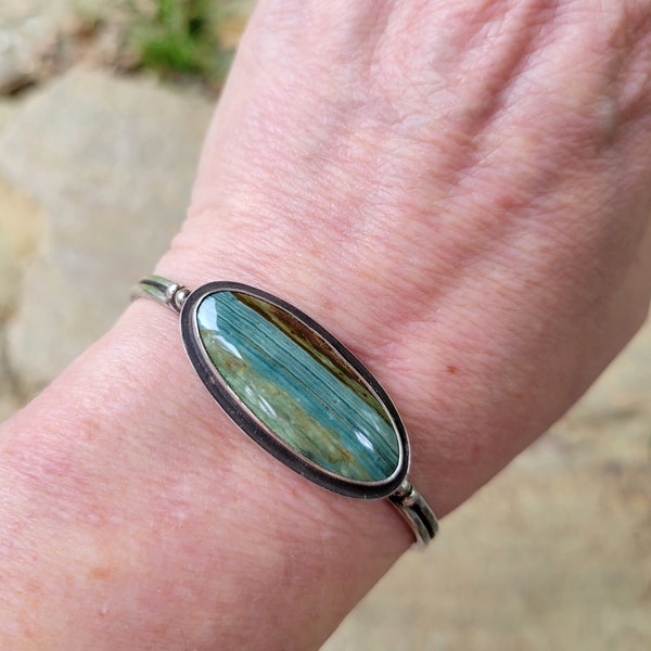 Silver Jasper Cuff - Natural Gary Green Jasper stone, blue, brown, sterling, handmade, bracelet, landscape, southwestern, beautiful gift