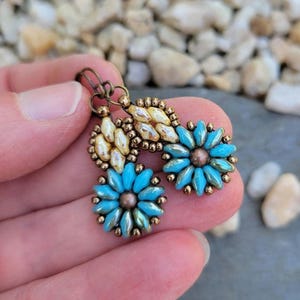 Handmade Blue Sunflower Earrings: Seed Bead Flower Dangles