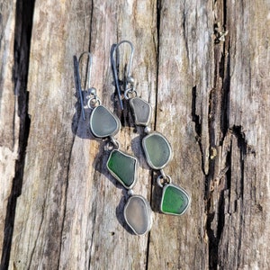 Green Seaglass Earrings - asymmetrical, dangle, handmade, emerald, sage, white, ocean etched, sterling silver, open back, beautiful gift