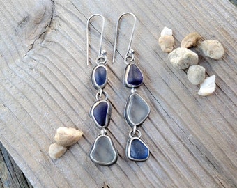 Blue Seaglass Earrings - asymmetrical, dangle, handmade, cobalt, genuine, sea etched, artisan, sterling silver, open back, beautiful gift