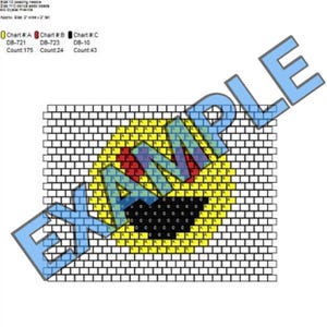 May include: A beading pattern for a heart-eyed smiley face. The pattern is divided into three sections, labeled Chart A, Chart B, and Chart C. The pattern includes the bead colors and counts for each section.