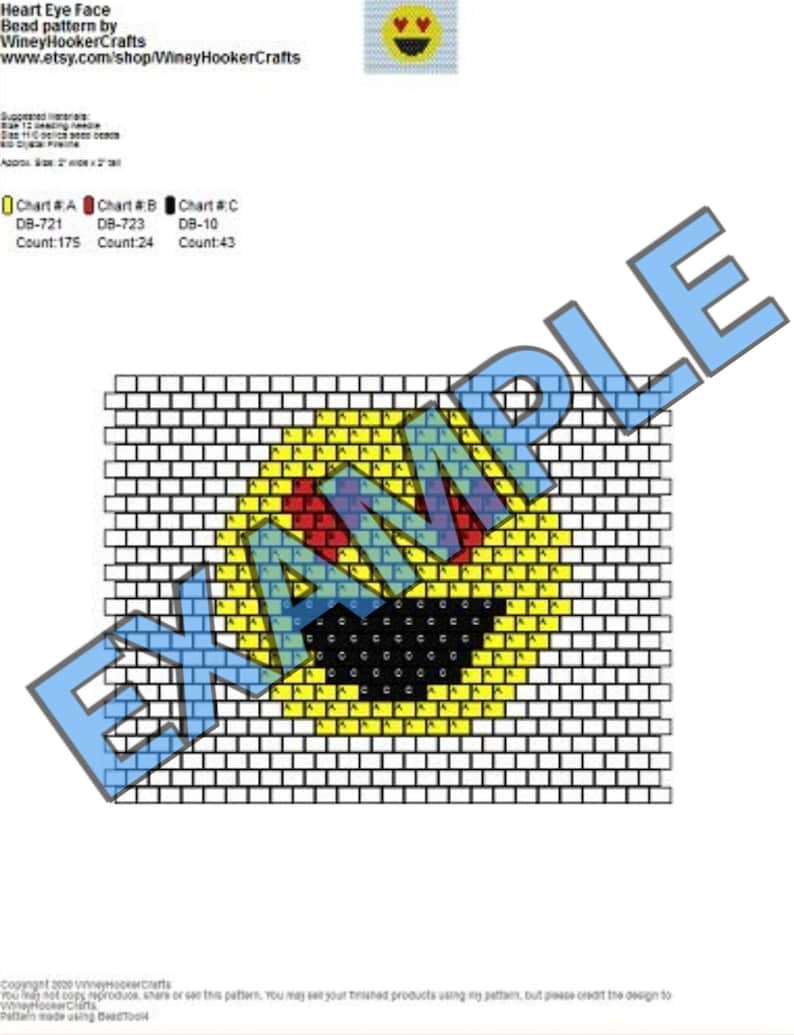 May include: A beading pattern for a heart-eyed smiley face. The pattern is divided into three sections, labeled Chart A, Chart B, and Chart C. The pattern includes the bead colors and counts for each section.