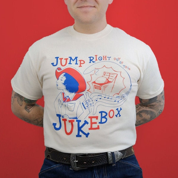 MENS Larryette - Jukebox - Original Vintage T-shirt Design Inspired by 50s Rockabilly Western Style (Natural Colour)