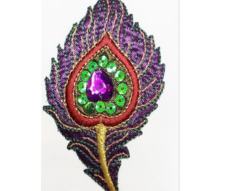 Peacock Feather motif embroidery with stone and sequins - iron on