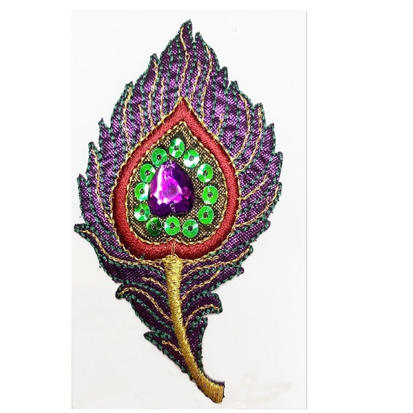 Peacock Feather motif embroidery with stone and sequins - iron on