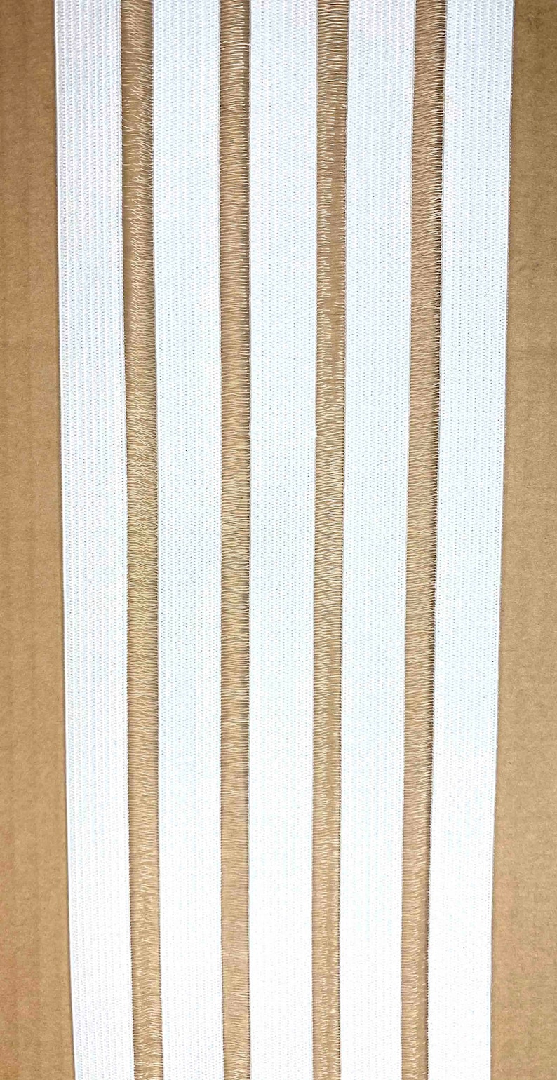 May include: White elastic with brown stripes. The elastic is woven and has a textured surface.