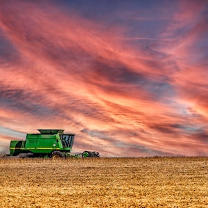 Puede incluir: Una cosechadora verde trabajando en un campo de cultivos cosechados bajo un cielo de puesta de sol. El cielo está lleno de vetas de nubes rosas, naranjas y moradas, creando un telón de fondo dramático para la escena agrícola.