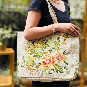 Linen Tote Bag with Embroidered Flower, Shoulder Bag for Women, Embroidered Peony Tote Bag, Zipper Shopping Bag, Diaper Bag