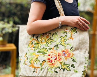 Linen Tote Bag with Embroidered Flower, Shoulder Bag for Women, Embroidered Peony Tote Bag, Zipper Shopping Bag, Diaper Bag