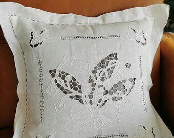 Antique Embroidery Linen Floral & Butterfly Cushion Cover, Embroidered Butterfly Pillowcase, Hand-stitched Cushion Case for Her