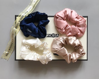 2PCS Natural Mulberry Silk Hair Scrunchies, Birthday/ Bridal/ Wedding Gift/ Gift for Her (Multi-color)