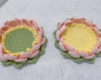 1 Set of Handmade Crochet Coaster Lotus Shape 2pcs, Lotus Coaster, Housewarming Gift, Custom Gift