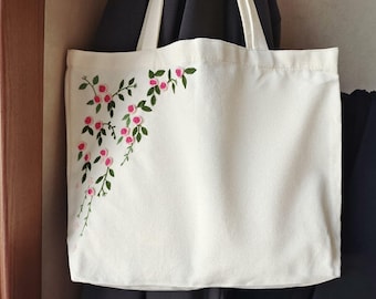Canvas Tote Bag with Embroidered Flower, White Canvas Shoulder Bag, Embroidered Tote Bag