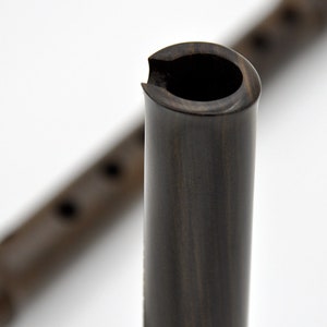 Puede incluir: Primer plano de la boquilla de una flauta de madera. La flauta est&aacute; hecha de madera oscura con un patr&oacute;n de veta natural.
