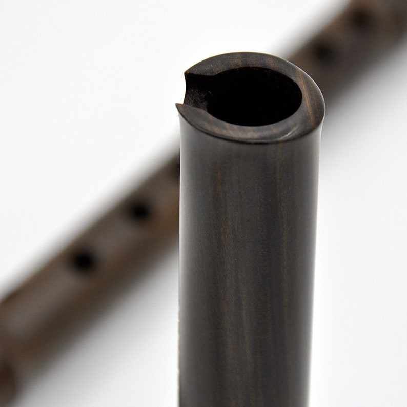 Puede incluir: Primer plano de la boquilla de una flauta de madera. La flauta est&aacute; hecha de madera oscura con un patr&oacute;n de veta natural.