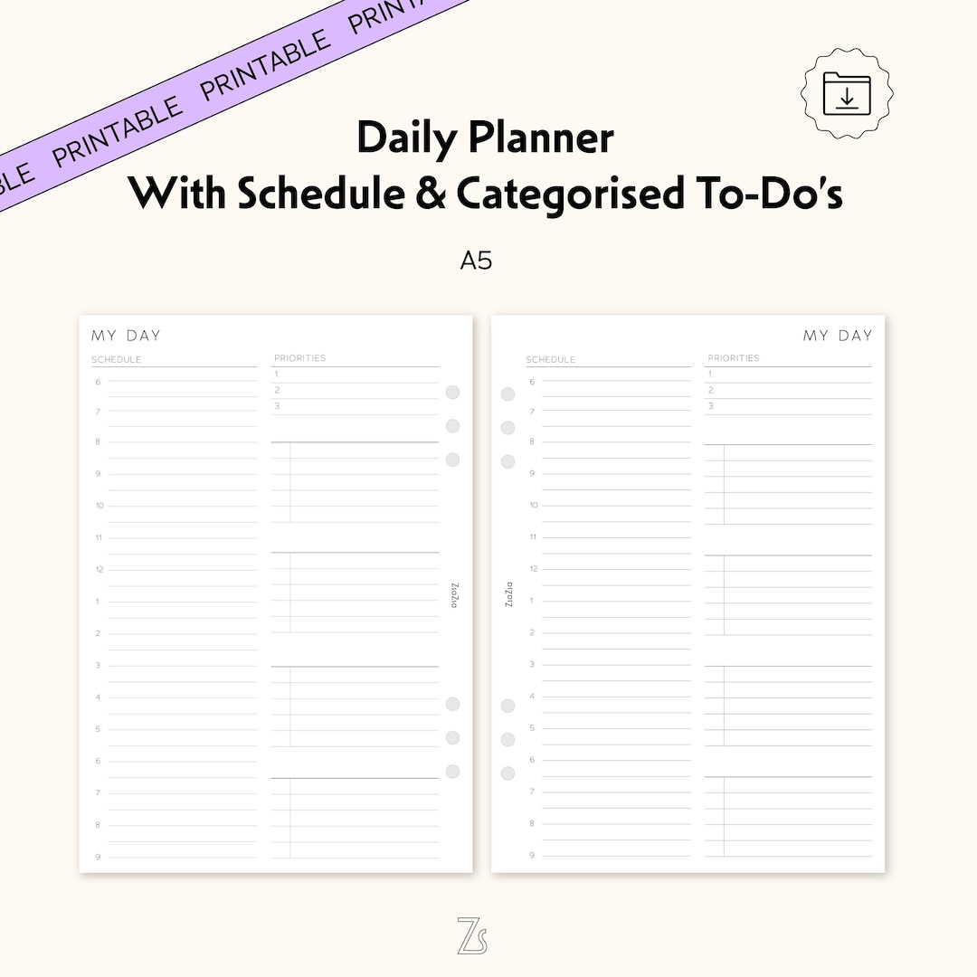 A5 Daily Planner Insert – Minimal Schedule, To-do List (printable PDF ...