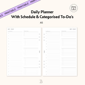 A5 Printable Minimal Daily Planner Insert - Structured Schedule & Categorised To-Do List, A5 Filofax Refill, A5 Filofax Planner Insert