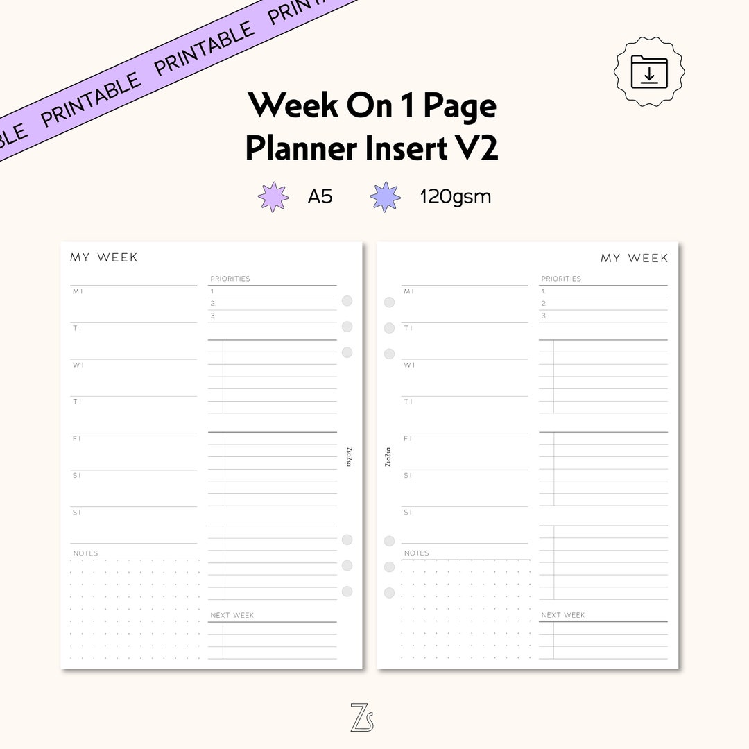 A5 Printable Week on One Page Planner Inserts, Weekly to Do List, A5 ...