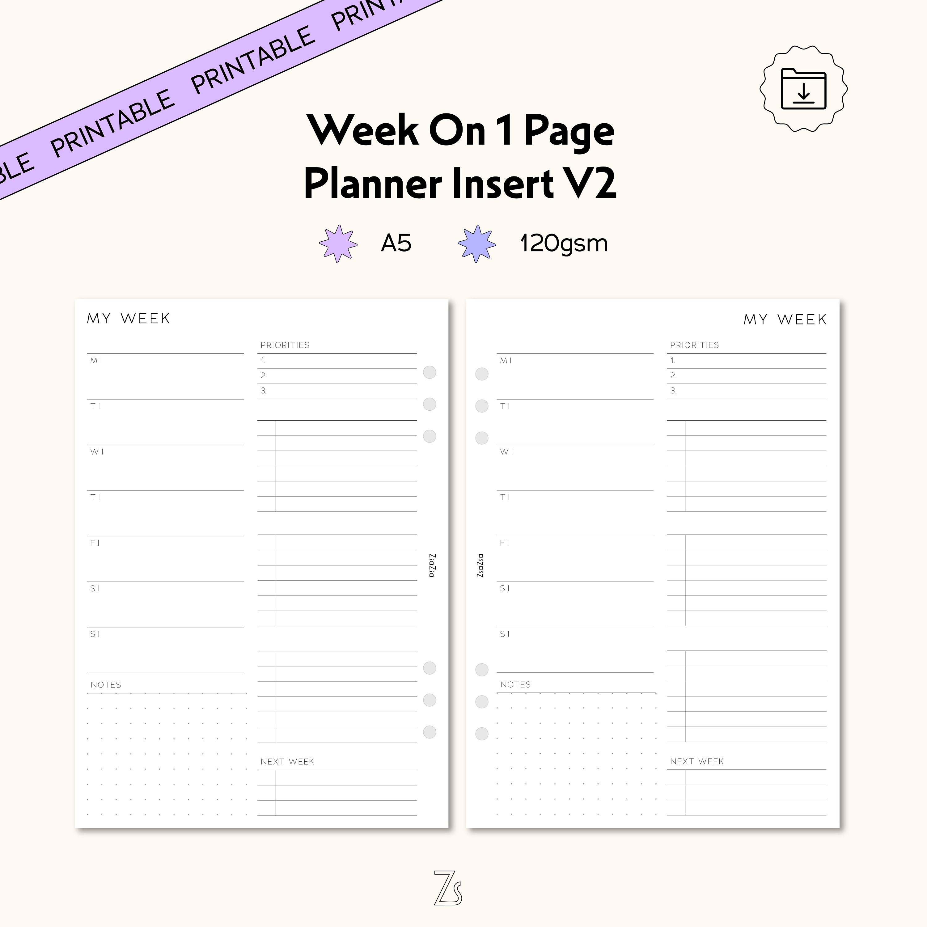 A5 Printable Week on One Page Planner Inserts, Weekly to Do List, A5 ...