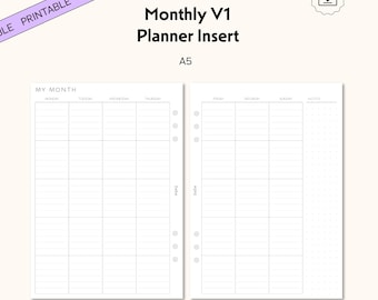 A5 Undated Monthly Planner Inserts, Minimal Design (Printable PDF)