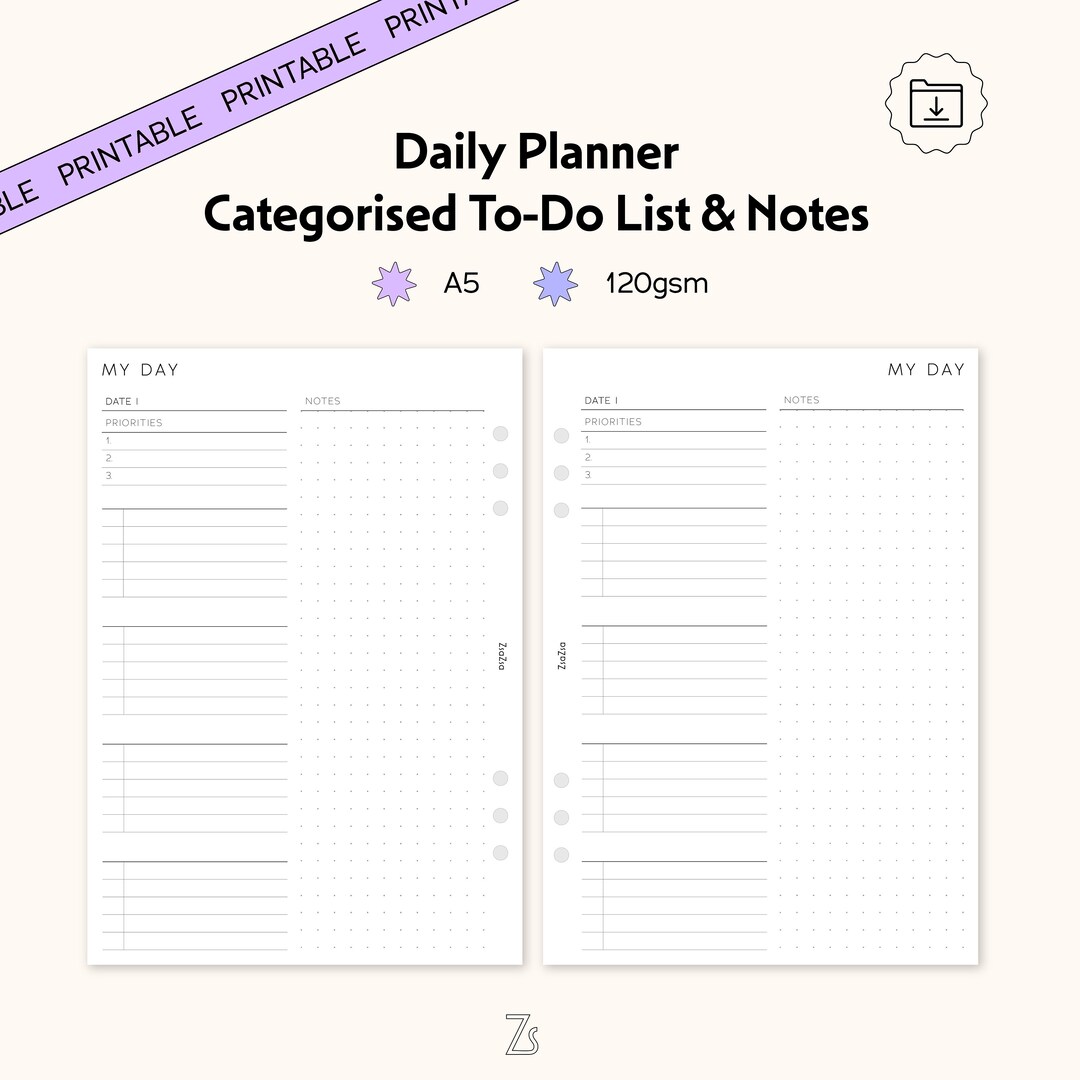 A5 Printable Minimal Daily Planner Insert Categorised To-do List ...