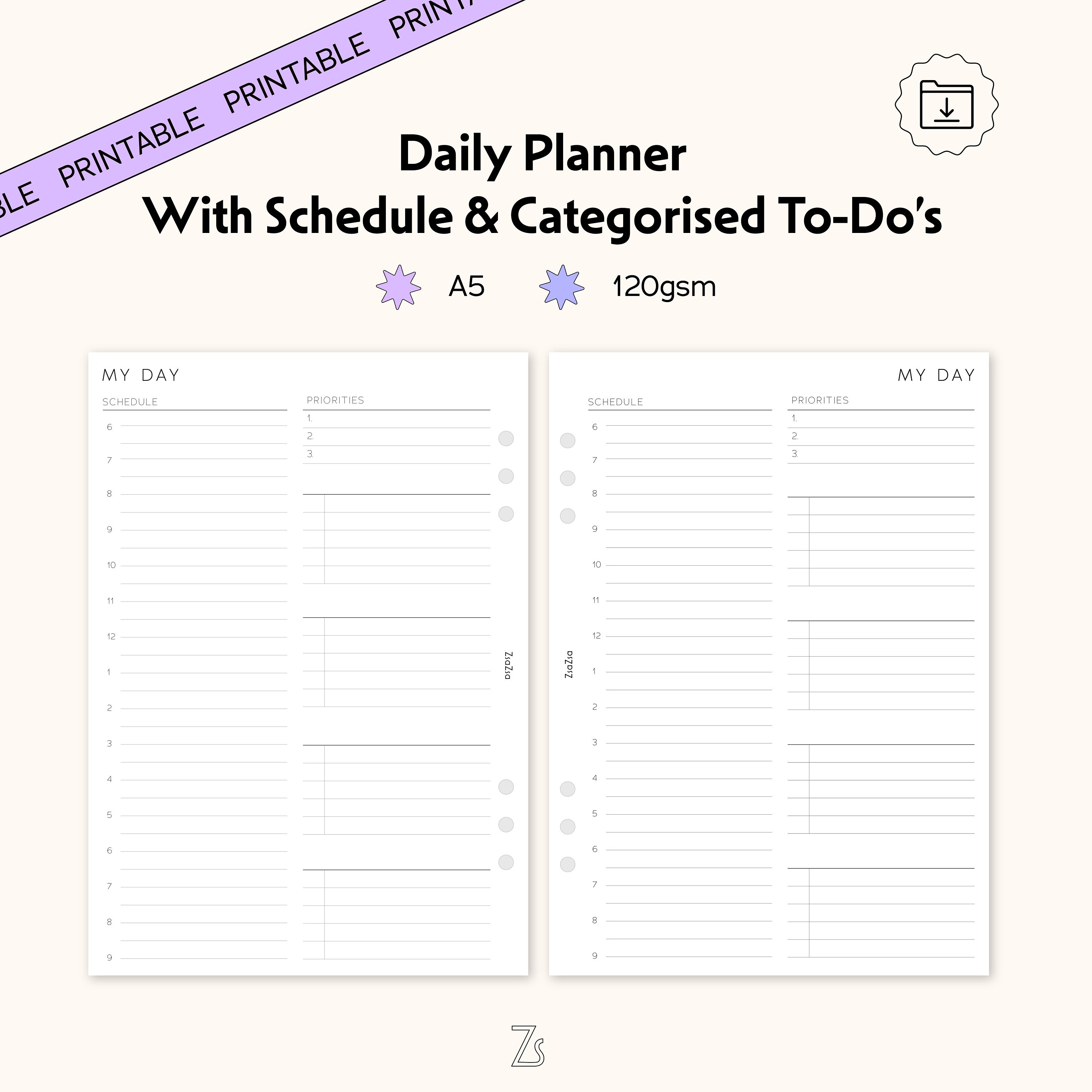A5 Printable Minimal Daily Planner Insert Structured Schedule ...