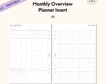 A5 Monthly Overview Planner Inserts, Minimal Undated Layout (Printable PDF)