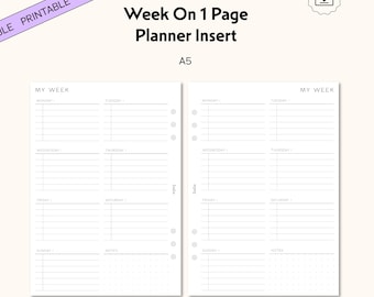 A5 Week on One Page Planner Inserts, Minimal Weekly To-Do List (Printable PDF)