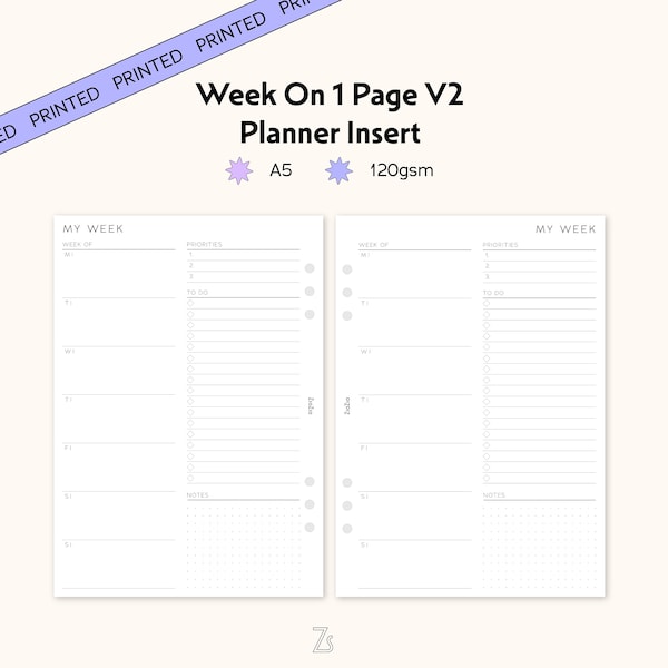 A5 Printed Week on One Page Planner Inserts, Weekly To Do List, Filofax Planner Inserts, Kikki K Planner Inserts