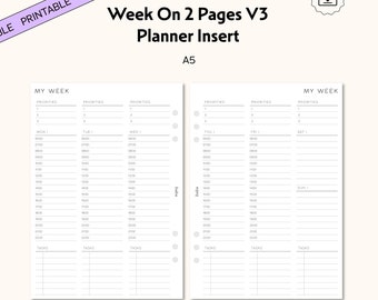 A5 Planner Inserts, Week on Two Pages, Minimal Design (Printable PDF)