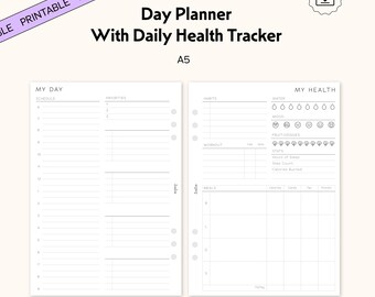 Planificador diario A5, rastreador de salud, planificador de entrenamiento y comidas (PDF imprimible)