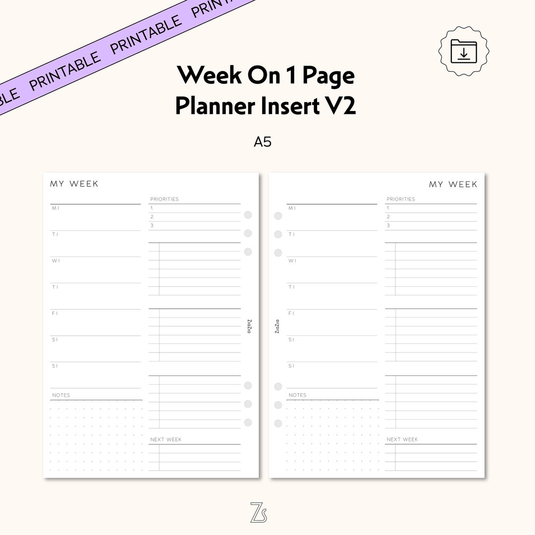 A5 Printable Week on One Page Planner Inserts (PDF) - Etsy