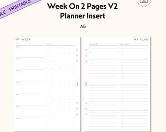 Planificador semanal A5 de dos páginas, diseño minimalista (patrón en PDF)