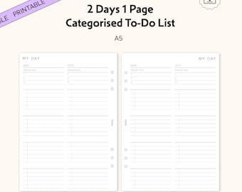 Planificador diario A5 (2 días por página), recambio Filofax (PDF)