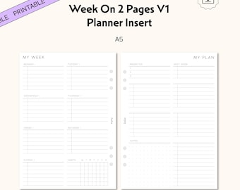 A5 Week on Two Pages Planner Inserts, Minimal Undated (PDF)