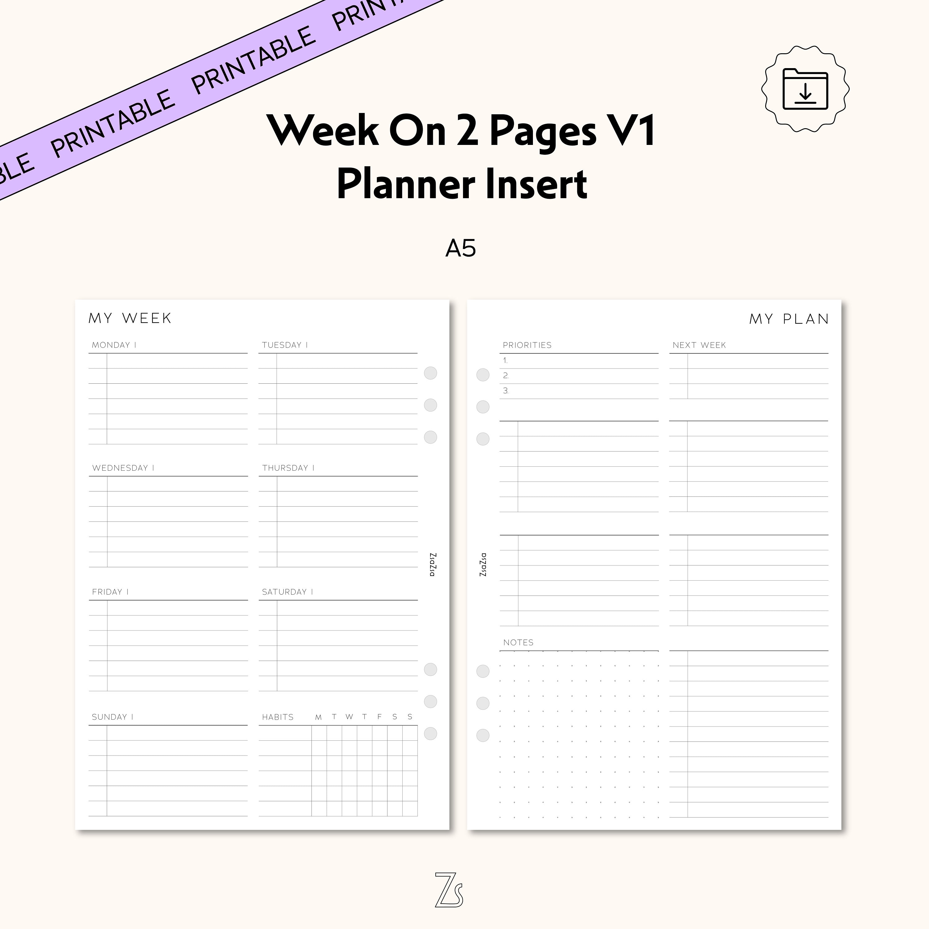 A5 Week on Two Pages Planner Inserts, Minimal Undated (PDF) - Etsy